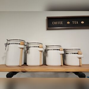 4-Piece White Ceramic Airtight Canister Set with Wooden Spoons